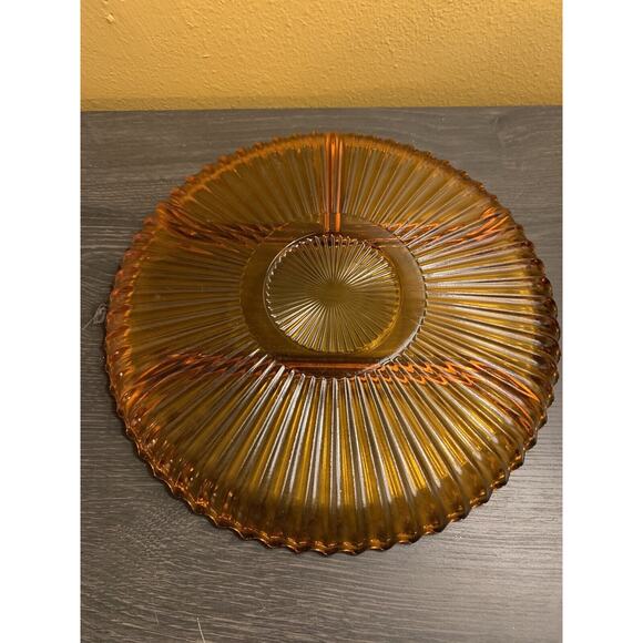 Old Indiana Colony Glass Amber Ribbed 4 Section Divided 10" Serving Plate Tray - Picture 3 of 6